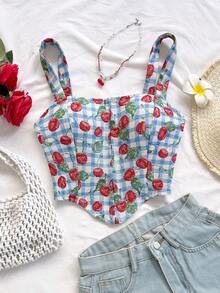 Soleia 女士彩色梭织印花前扣不对称下摆露脐背心，适合叠穿或外穿，秋季款 - 彩色 - 查看 5