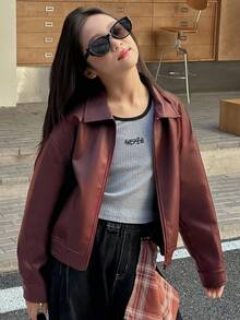 DAZY Tween Girl Solid Color Drop Shoulder Long Sleeve Zipper Front PU Leather Loose Casual Jacket Spring - Burgundy - View 5