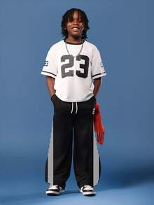 SUMWON Tween Boys Varsity Number 23 Streetwear Matching Set Loose Wide Leg Track Pants Oversized T-Shirt Two Piece Casual Urban Fashion Vacation - Black and White - View 1