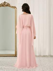 Lace Embroidered A-Line Dress With Shawl Collar, Waist Cinched, Suitable For Weddings, Proms, Birthdays, Parties, Valentine's Day - Pink - View 2