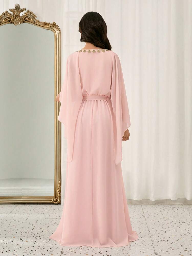 Lace Embroidered A-Line Dress With Shawl Collar, Waist Cinched, Suitable For Weddings, Proms, Birthdays, Parties, Valentine's Day - Pink - View 2