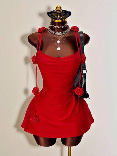 Mistrie Vestido rojo romántico de fiesta con cuello halter, minifalda ajustado con decoración de rosas 3D, diseño con espalda abierta y fruncido, vestido de cóctel ajustado y ceñido para una cita, ocasión formal