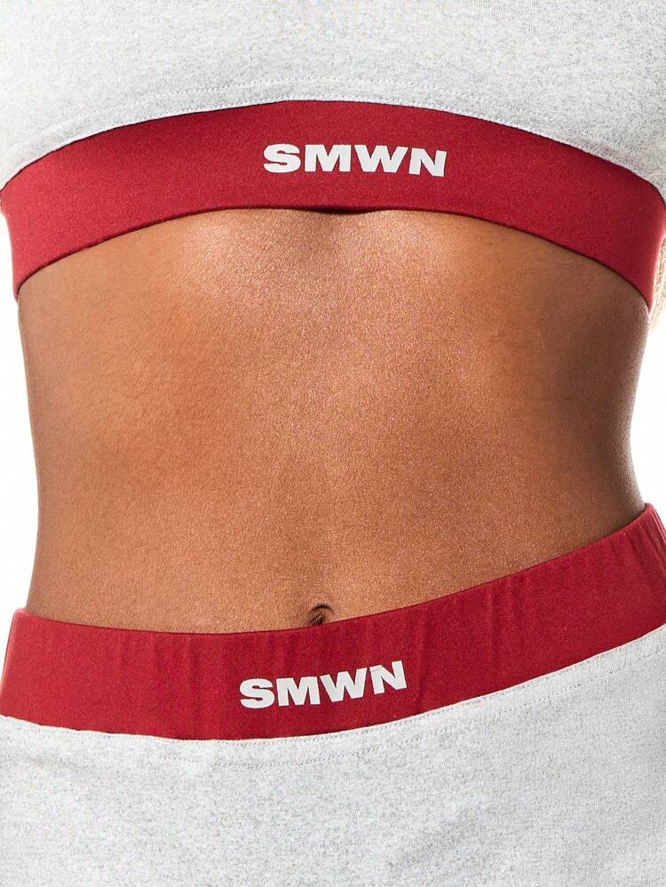 SUMWON Grey Notch Neck Sports Bra Top And High Rise Shorts Lounge Set With Contrast Red Trim