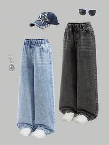 SHEIN ChillGRL 2件組青少年女孩寬鬆寬腿牛仔褲套裝，柔軟丹寧，鈕扣腰頭，淺藍色，夏季街頭風校園開學休閒百搭長褲 - 彩色 - 查看 3