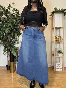 Truni 大码牛仔迷你裙，简约时尚，适合夏季 - 淺色水洗藍 - 查看 4