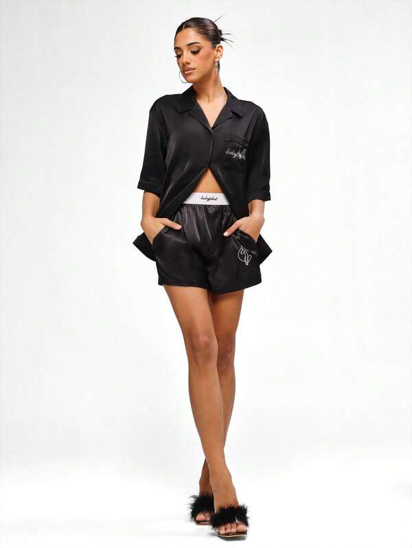 BABYPHAT Luxe Satin Boxer Shorts With Elastic Waistband And Cat Logo Detail For Loungewear Comfort Sleepwear