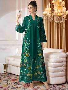 SHEIN Najma 女士花卉、植物和动物数码印花优雅长袖立领睡袍，适合春秋季穿着 - 彩色 - 查看 4