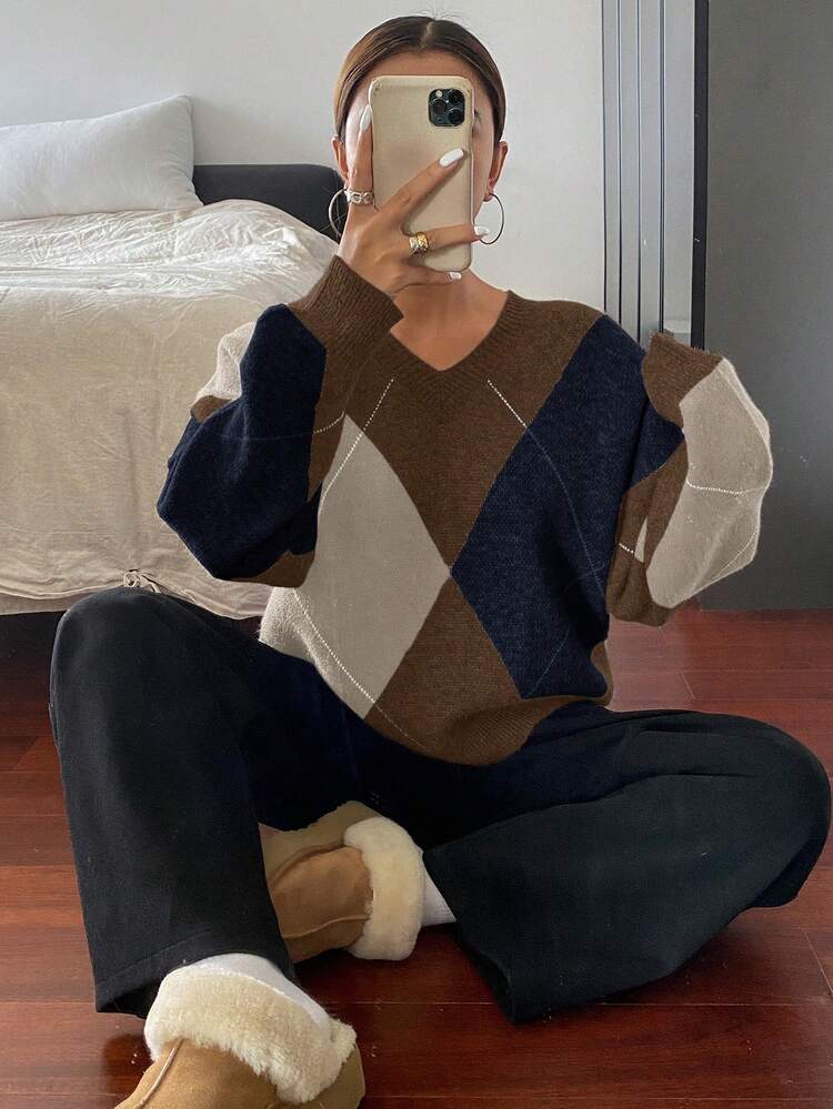 Plaid Loose Fit Long Sleeve Crew Neck Sweater For Women