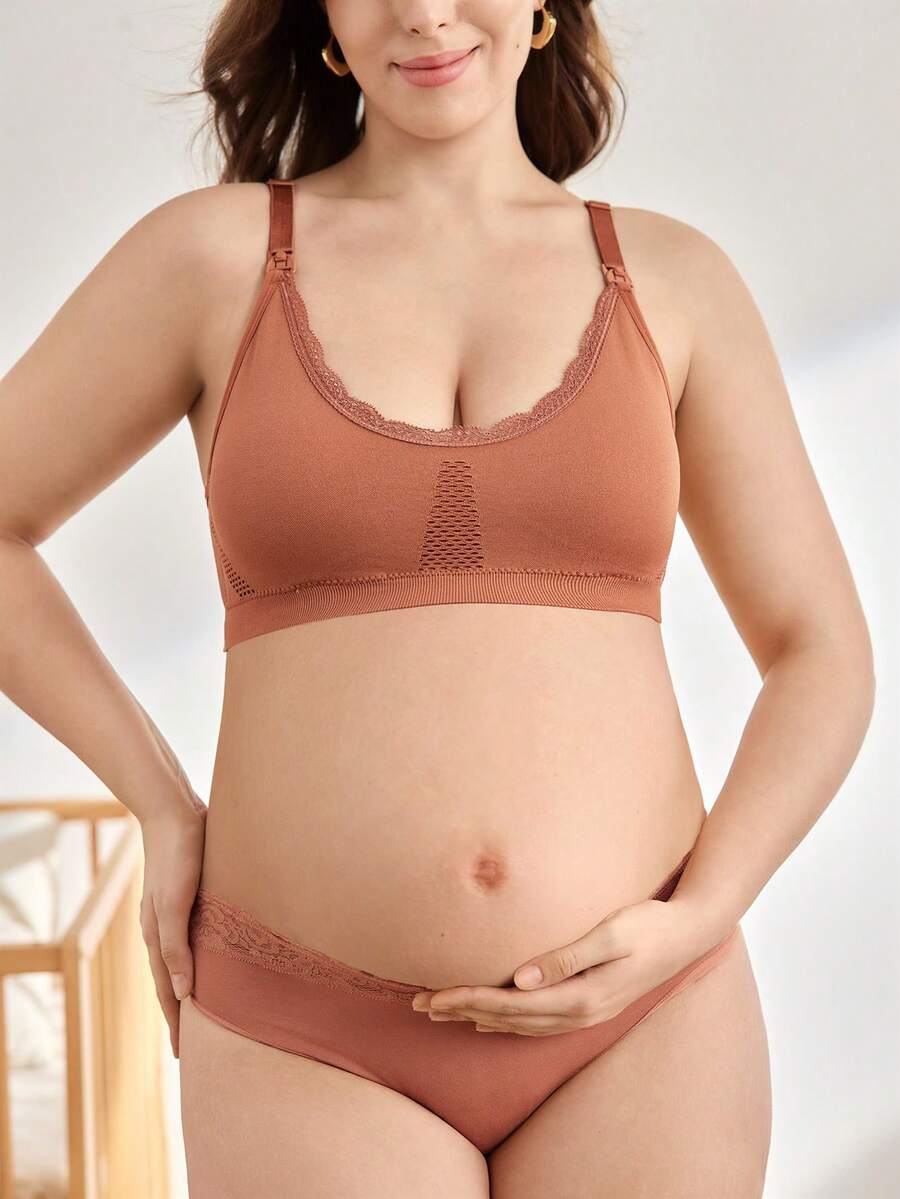 Moonlight&Mama Plus Size Maternity Solid Color Contrast Lace Comfortable Nursing Bra - Brown - View 1