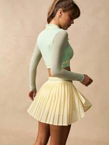 VARSIVA Women's Light Green Color-Blocked Polo Collar Mesh Long-Sleeved Short Top And Yellow Color-Blocked Pullover Pleated Skirt With Built-In Jumpsuit Shorts To Prevent Wardrobe Malfunctions, Tennis-Style Sportswear Set. - Multicolor - View 7