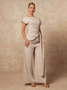 Lumalex Early Spring Asymmetric Neck Ruched Cinching Waist Tie Loose Straight Leg Women's Suit Set PreSpring Vacation Birthday Outfits Wedding VDayGiftGuide RomanticVDayOutfit Guest Wedding VDayGiftGuide RomanticVDayOutfit Party Summer Holiday Beach Outfits Luxury Look LuxeLooks QuietLuxe Prom Gathering Party Banquet Modest Old Money Coquette Rave Festival Richly Layered Party - Khaki - View 5