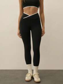 With My Calm Thermal Lined Sports Leggings, Autumn/Winter Crossover Leggings Cross Over Leggings - Black - View 3