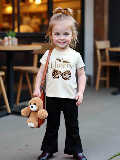 Baby Girl Casual Daily Commute Fashion Street Leopard Print Cherry Letter Graphic Short Sleeve T-Shirt And Flare Pants Set, Spring/Summer/Autumn