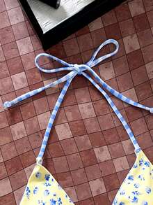 Swim Mod New Women's Summer 2-Piece Random Floral & Plaid Print Triangle Halter Bikini Top, Beach Vacation Swimwear - Multicolor - View 6