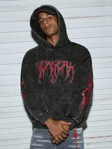 Modcrash 秋冬男士街头美学图案连帽卫衣上衣，略有弹力修身，水洗做旧加棉黑色套头长袖卫衣，休闲日常返校连帽卫衣上衣 - 黑色 - 查看 1