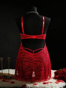 SpicyHot Bộ 4 món: Váy lót ren có gọng cỡ lớn + Quần lọt khe + Miếng dán nhũ hoa, Gợi cảm cho ngày Valentine - Đỏ - Xem 2