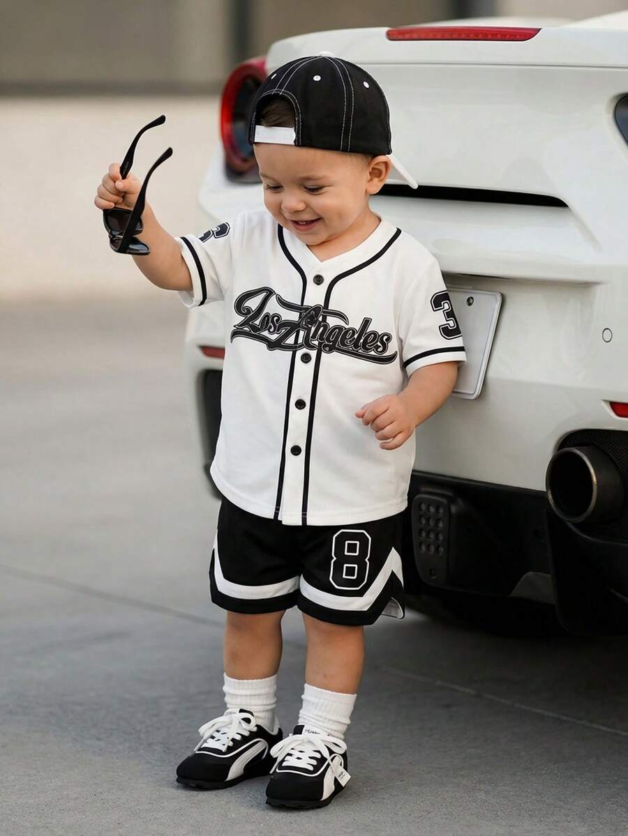 SHEIN Playful Pals Baby Boy Infant Toddler 0-3Y Fashion Streetwear Sports Baseball Hoodie Jacket, Soccer, Basketball Jersey Style Outerwear & Shorts Set, Baby Spring Summer Sports Outfit