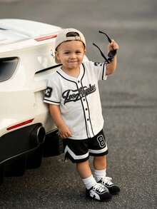 SHEIN Playful Pals Baby Boy Infant Toddler 0-3Y Fashion Streetwear Sports Baseball Hoodie Jacket, Soccer, Basketball Jersey Style Outerwear & Shorts Set, Baby Spring Summer Sports Outfit