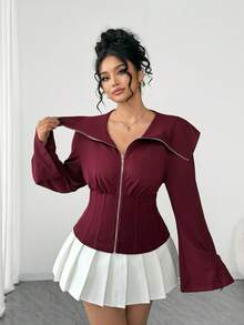 SHEIN Clasi Plus Size Women Zipper Front Cinched Waist Flare Sleeve Sweatshirt, Fashionable & Versatile - Burgundy - View 6