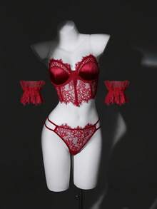 3pcs Christmas Lace Underwire Lingerie Set - Burgundy - View 3