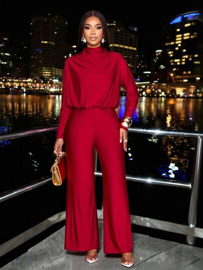 SOLERSUN Women's Elegant Mock Neck Raglan Sleeve Office Wear Draped Neck Cinched Waist Jumpsuits Fall/Winter Cloth For Women