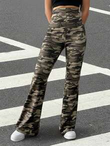 SHEIN EZwear Camouflage Print Knitted Ladies Pants - Army Green - View 5