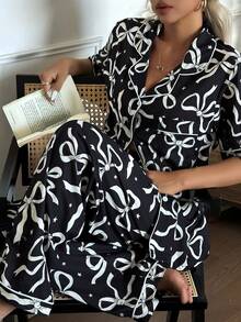 Dream Adore Bộ đồ ngủ tay ngắn in hình nơ và ngôi sao có cổ - màu đen - Xem 3