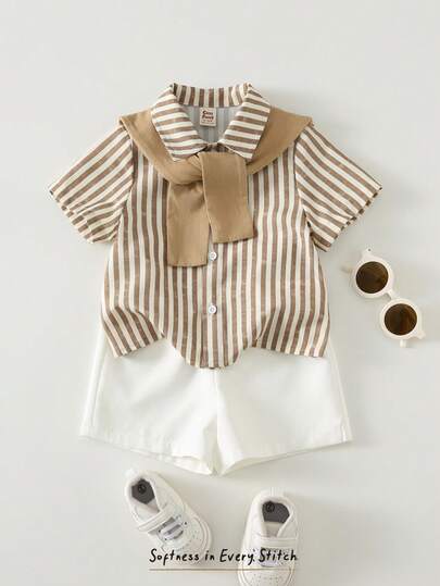 Cozy Pixies 3pcs Baby Boy Solid Color Shawl Collar Striped Short Sleeve Cardigan Shirt And Elastic Waist Shorts Set Toddler Boy Summer Outfit Baby Boy Summer Sets Toddler Boys Dress Set Boy Striped Shirt Shorts Set Cotton Clothes Baby Boy Summer Outfit Baby Boy Sets Toddler Boy Summer Set Boy Summer Outfit Set Baby Boy Summer Baby Boys Sets Toddler Boy Linen Set