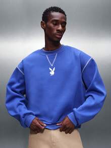 PLAYBOY X SUMWON Men's Crew Neck Pullover Sweatshirt With Contrast Stitching And Graphic Print For Casual Fall Winter Style - Blue - View 4