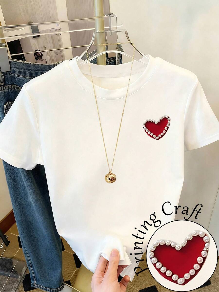 SHEIN 女士休闲日常通勤珍珠爱心印花圆领短袖白色T恤，夏季 - 白色 - 查看 1