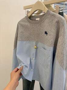 Resyla 女士休闲条纹拼接衬衫，秋季