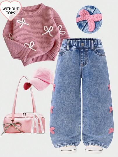 SHEIN Playful Pals 年轻女孩百搭时尚破洞阔腿蓝色牛仔裤，90年代风格