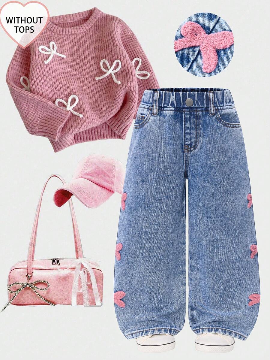 SHEIN Playful Pals 年轻女孩百搭时尚破洞阔腿蓝色牛仔裤，90年代风格 - 藍色 - 查看 1