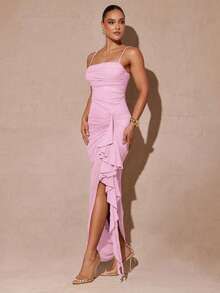 Silquee Baby Pink Plain Mesh Fabric Ladies Party Maxi Dress With Ruffle And Sleeveless Design Pink Wedding Guest Dress Pink Draped Dress Ruched Dress - Baby Pink - View 4