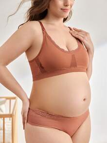 Moonlight&Mama Plus Size Maternity Solid Color Contrast Lace Comfortable Nursing Bra - Brown - View 4