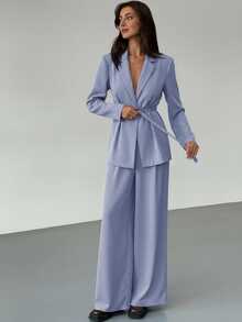 Aloruh Women's Simple Solid Color Lapel Collar Belted Blazer And Wide Leg Pants Suit Set, Suitable For Work And Commute, Spring/Autumn - Baby Blue - View 4