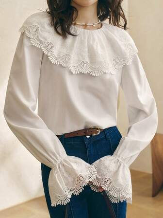 Cévolie 女士秋冬新款法式优雅刺绣荷叶边领拼接喇叭袖衬衫