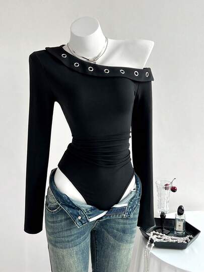 Elamini 女士秋季连体衣，金属孔眼装饰，修身长袖连体衣