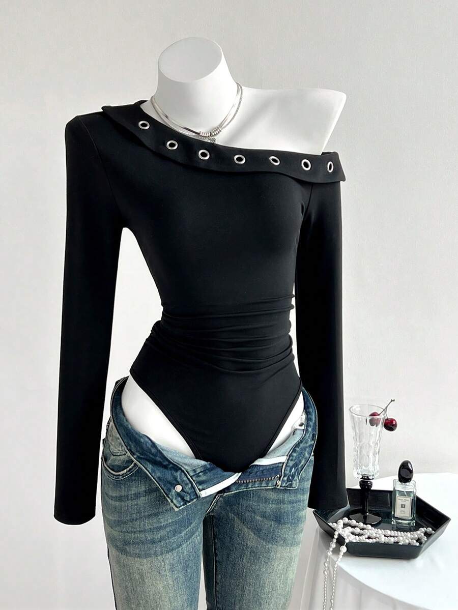 Elamini 女士秋季连体衣，金属孔眼装饰，修身长袖连体衣 - 黑色 - 查看 1