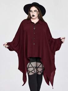 ROMWE Goth 大码女式哥特式不对称下摆蝙蝠袖宽松开衫衬衫 - 酒紅色 - 查看 2