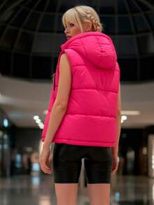 Chaleco corto con capucha para mujer, clásico y casual, tela de poliéster, apto para temporadas de invierno y otoño, cuello alto con capucha. Sin mangas, interior forrado, ajuste regular con cremallera, bolsillos frontales funcionales con cremallera. Cordón elástico ajustable en la parte baja del chaleco. - Rosa - Ver 3