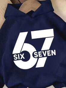 青少年男孩「67」數字「Six Seven」字母圖案休閒寬鬆保守街頭風運動衫，海軍藍，秋季校園運動服 - 藏蓝色 - 查看 3