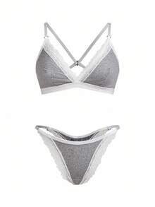 2pcs Romantic Lace Backless Bra Set - Grey - View 4