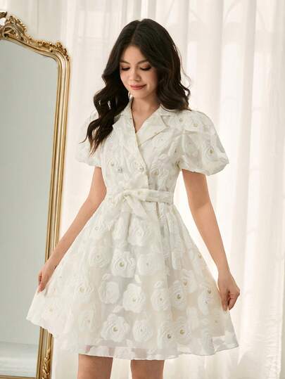 青少年V领褶皱腰身提花纹理圣诞优雅连衣裙，配腰带