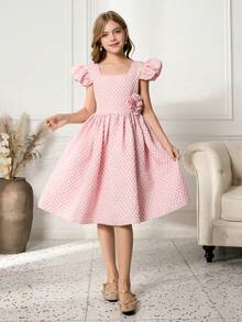 Tween Girls' Textured Pink Square Neck Dress - Pink - View 3