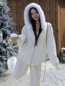 DAZY 女士几何纹理落肩拉链连帽卫衣和裤子休闲宽松两件套家居服套装 - 白色 - 查看 3