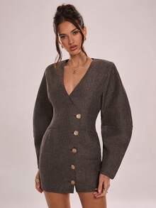 Avenya Vestido corto casual de uso diario/trabajo con cuello cruzado, mangas farol y botones metálicos delanteros para mujer, primavera/otoño - Café integral - Ver 7