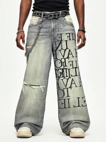 ROMWE MEN 男士字母印花宽松阔腿休闲牛仔裤 - 銅色 - 查看 3