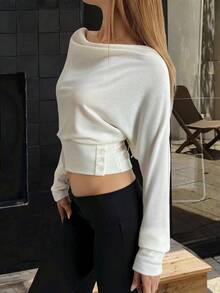 DAZY T-shirt court décontracté et élégant à manches longues, col carré et taille cintrée pour femmes, style Y2K - Blanc - Voir 3