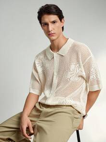 Manfinity Homme 男士纯色落肩短袖休闲镂空前襟纽扣针织衫 男士钩针衬衫 男士开襟针织衫 男士网眼衬衫 男士度假风渔网衬衫 男士蕾丝衬衫 男士网眼衬衫 男士钩针衬衫 - 杏色 - 查看 7